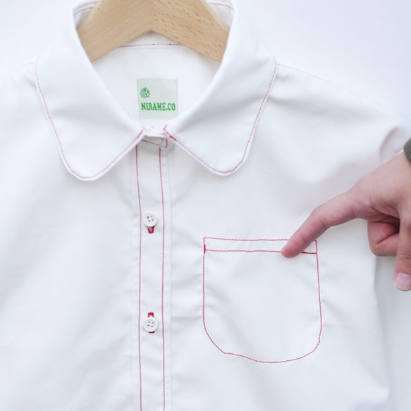 赤ステッチ　ポケット白シャツ　メンズ・レディース ファッション　 5枚目の画像