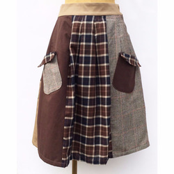 ブラウン切り替えスカート　チェック×ドット　レディース ファッション　 1枚目の画像