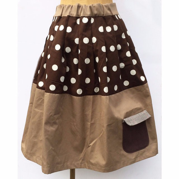 ブラウン切り替えスカート　チェック×ドット　レディース ファッション　 2枚目の画像