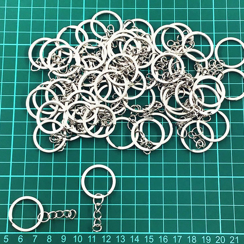 送料無料 平キーリング 25mm シルバー 50個 丸カン チェーン付き