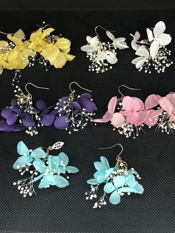 ♡新色追加♡紫陽花とかすみ草 リーフ付き ふんわりピアス/イヤリング/夏ピアス※アレルギー対応可 7枚目の画像