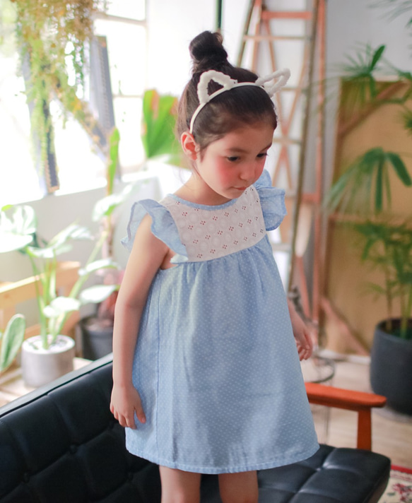 日本二重紗藍色水玉洋裝  2歲(90cm)～5歲(120cm） 第1張的照片