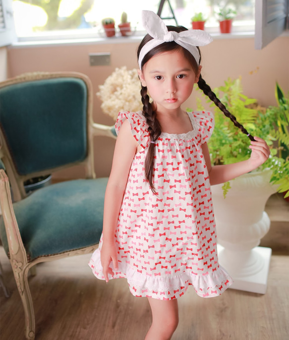 美國細支棉－粉紅蝴蝶結洋裝 2歲(90cm)～5歲(120cm） 第3張的照片