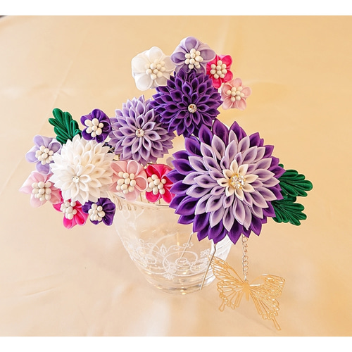 卒業,入学,七五三,成人式『紫系蝶の花飾りセット』つまみ細工髪