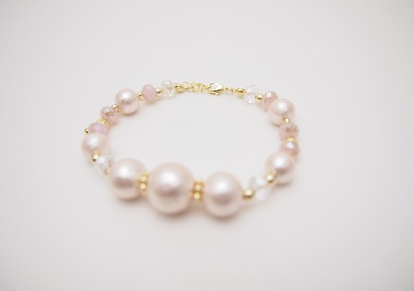 粉色白色棉質珍珠手鍊*粉色玻璃* 第2張的照片