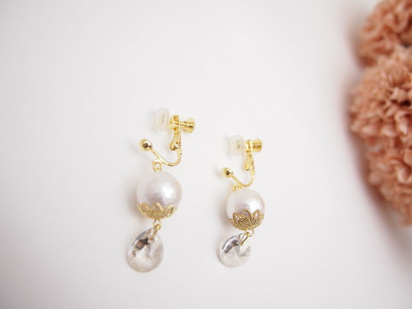 Crystal silver & White cotton pearl *earring* 4枚目の画像