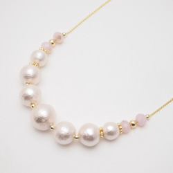 Pink white cotton  pearl necklace *pink glass* 1枚目の画像