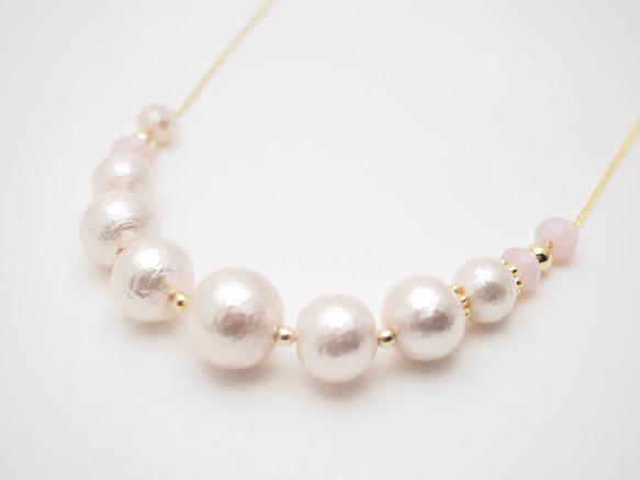 Pink white cotton  pearl necklace *pink glass* 2枚目の画像