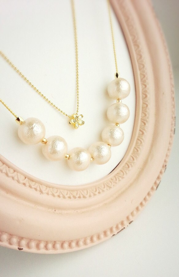 Flower & Pink white cotton pearl necklace 第5張的照片