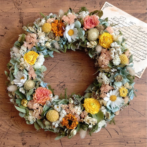 ☆ラナンキュラスとマリーゴールドの春色紫陽花リース Ⅱ☆ リース み  