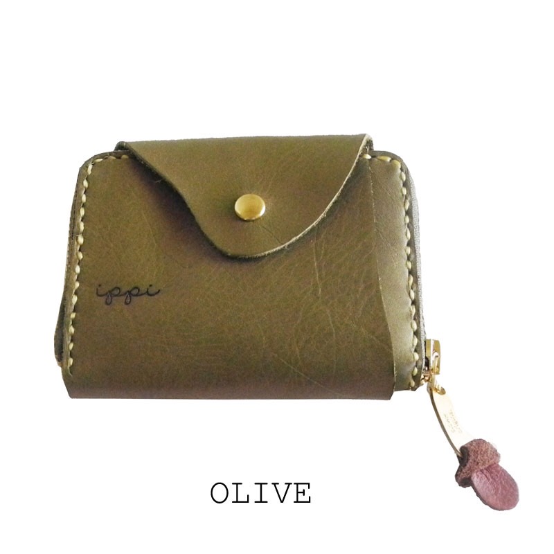 「ippi」レザーウォレット『Bit』オリーブ〈イッピ、折財布、本革財布、ナチュラル〉