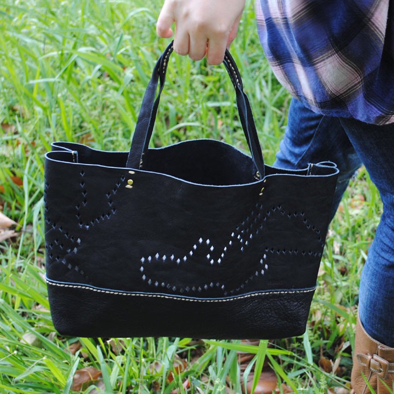 「slowH」『KomorebiBag Ｗ』レザートートバッグ/BLACK〈本革、ナチュラル〉