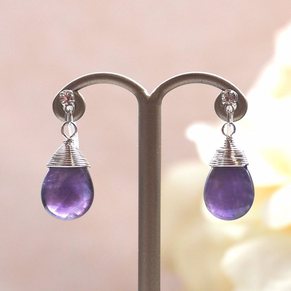 紫水晶無孔耳環，紫色紫水晶樹脂耳環，紫色半寶石耳環，無痛耳環 第6張的照片