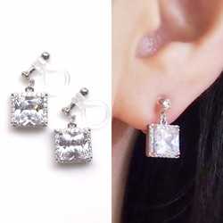 方晶鋯石耳環 人造鑽石無孔耳環 搖曳流行銀方樹脂耳環 第1張的照片