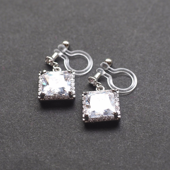 方晶鋯石耳環 人造鑽石無孔耳環 搖曳流行銀方樹脂耳環 第11張的照片