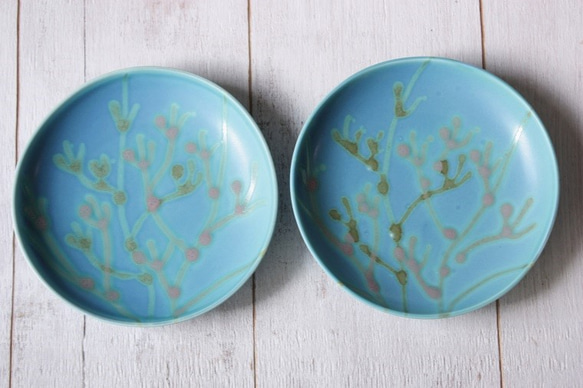 沖縄の海の珊瑚の皿 プレート ターコイズ色 4寸皿 やちむん ヤチムン 6枚目の画像