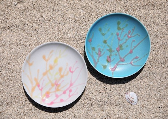 沖縄の海と縁起の珊瑚の皿 2枚セット プレート ターコイズ色 結婚祝い 引出物 新生活 ボックス＆紙袋付き 5枚目の画像