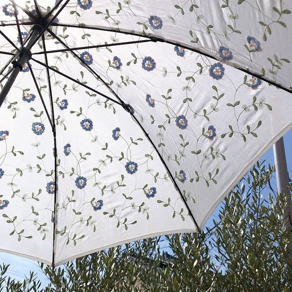 白いレースの日傘　青い花刺繍 1枚目の画像