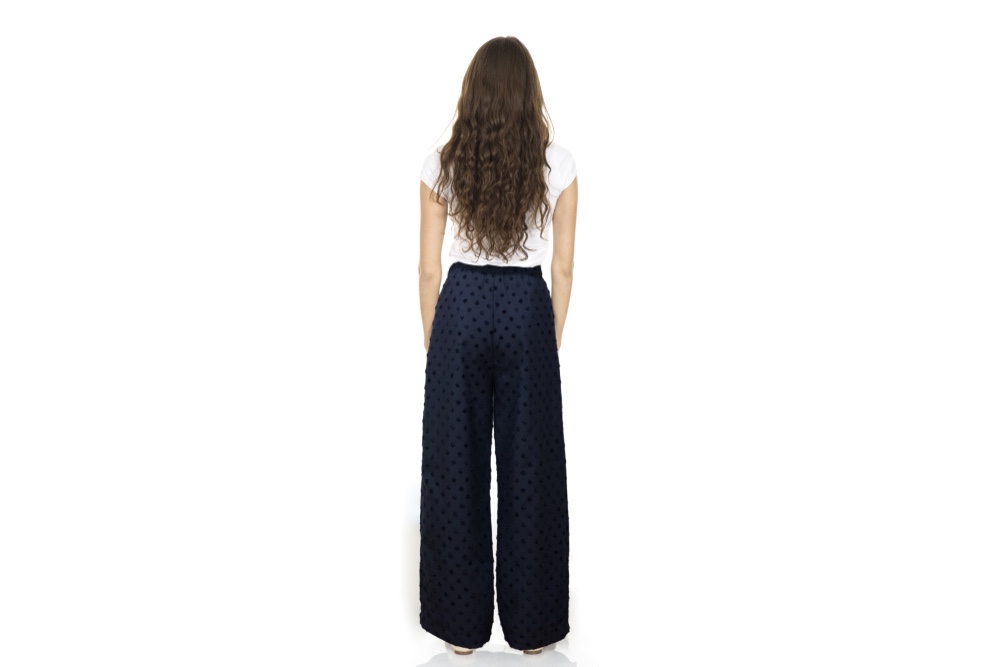 ドットジャガード　ワイドパンツ 　ネイビー Sサイズ 柄 レディース
