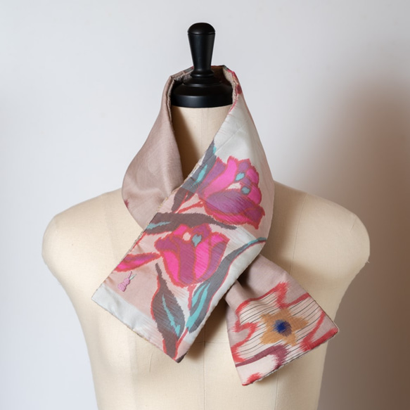 銘仙×リネン刺繍の小さな襟巻き309 着物 古布 リメイク ストール プチ