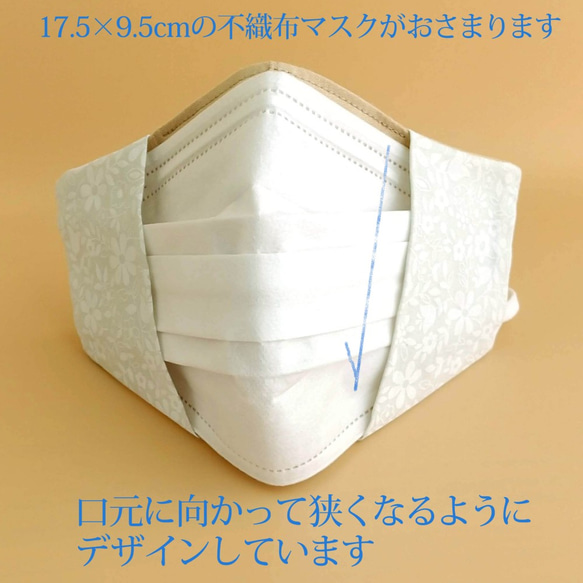 高機能生地の清潔マスクカバー♪【銀イオンでずっと抗菌・防臭！】ファンデカラー　布マスクカバー　MODA花柄白大人用 4枚目の画像