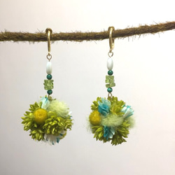 《翠綠花團》垂墜式耳環|乾燥花、閃光貝及天然石 第1張的照片