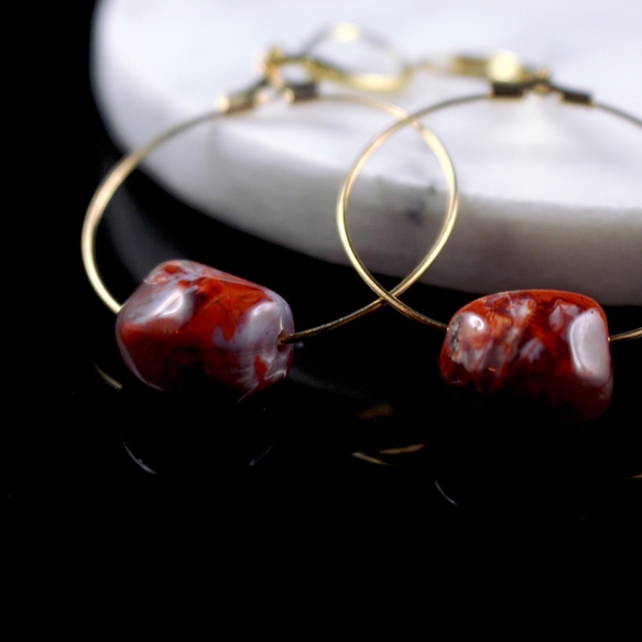 [Artemiss] 圓環暗紅原石耳環 / 鍍24K金法式耳鉤 第2張的照片