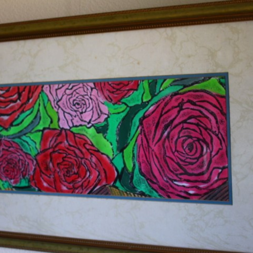 版画～薔薇（ローズガーデン）マット付額縁 1点もの。 送料無料