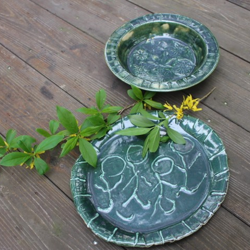 織部焼～手作り皿2枚セット 送料無料。 中皿 アトリエ○Chouchou