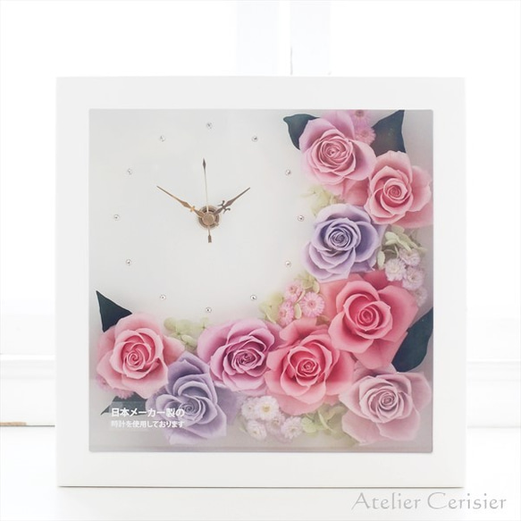 花時計（ピンク＆薄紫）フラワークロック＜プリザーブドフラワー＞ 2枚目の画像