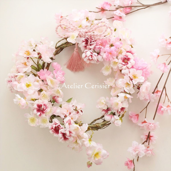 八重桜の枝リース＜アーティフィシャルフラワー＞桜・さくら・サクラ ２９センチ #２ 2枚目の画像