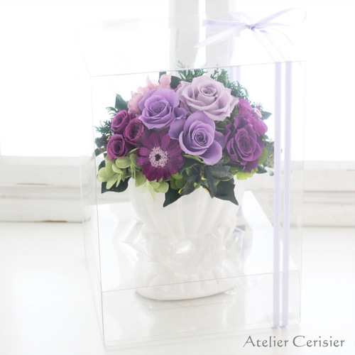 プリザーブドフラワーアレンジメント＜フォイユ＞紫 パープルローズ