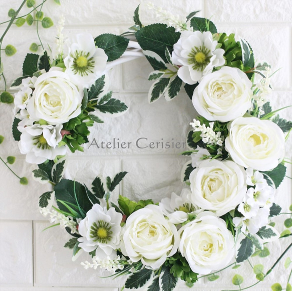 【SALE】☆ローズ アネモネ フラワーリース＜アーティフィシャルフラワー＞  ホワイト グリーン#2 30センチ 2枚目の画像