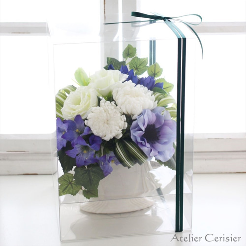 仏花、お供え花、ブルーアネモネ、紫トルコキキョウ