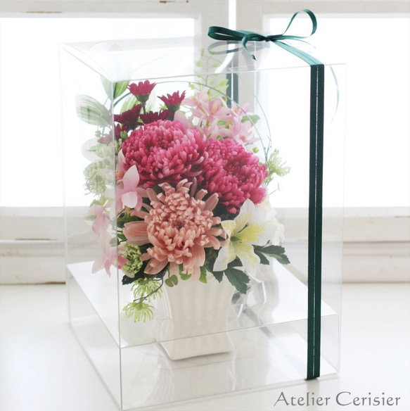 ・輪菊の仏花 MSサイズ（茜色）お供え花 和モダン プリザーブドフラワー 白花器 5枚目の画像