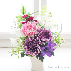 ・輪菊の仏花 MSサイズ（紫 桃色）お供え花 プリザーブドフラワー #1 白花器 和モダン 1枚目の画像
