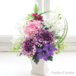 ・輪菊の仏花 MSサイズ（紫 桃色）お供え花 プリザーブドフラワー #1 白花器 和モダン 3枚目の画像