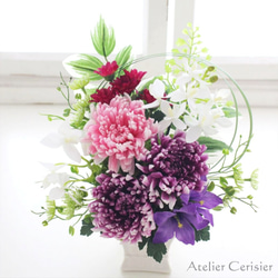 ・輪菊の仏花 MSサイズ（紫 桃色）お供え花 プリザーブドフラワー #1 白花器 和モダン 4枚目の画像