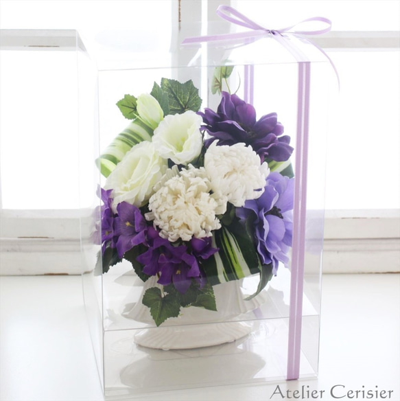 白菊とアネモネと桔梗の仏花 Mサイズ（白×紫）お供え花 プリザーブドフラワー#5 5枚目の画像