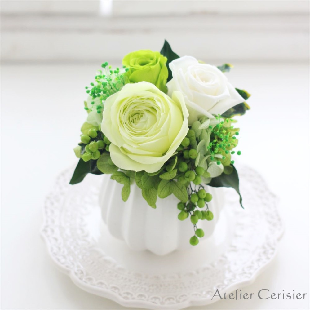 プリザーブドフラワー＜フルーレット＞フレッシュグリーン バラ ミニアレンジ お供え花 仏花