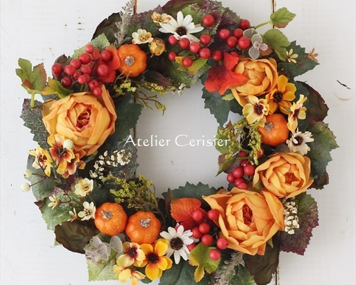 秋色リース 実りのリース＜アーティフィシャルフラワー＞カボチャ