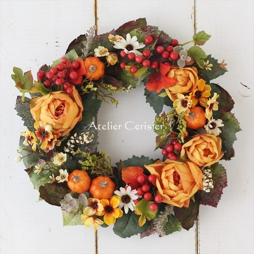 秋色リース 実りのリース＜アーティフィシャルフラワー＞カボチャ