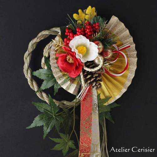 ☆お正月飾り しめ縄＜金扇＆紅白椿＞しめ飾り アーティフィシャル