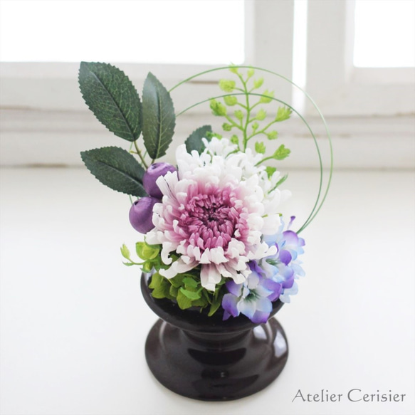 輪菊の仏花 SSサイズ（紫白菊）お供え花 プリザーブドフラワー 1枚目の画像