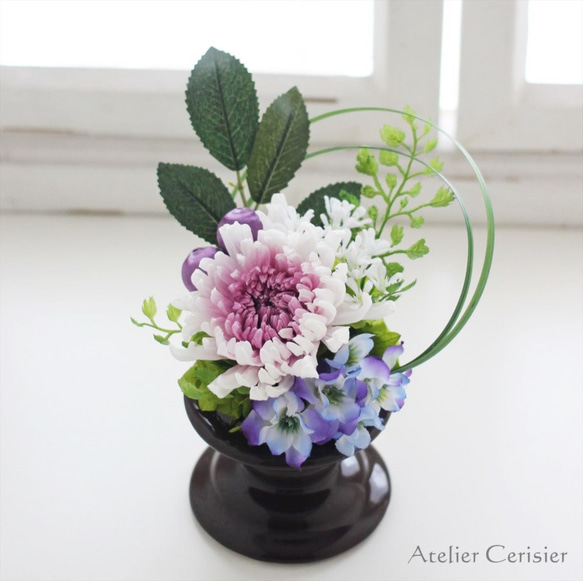 輪菊の仏花 SSサイズ（紫白菊）お供え花 プリザーブドフラワー 2枚目の画像