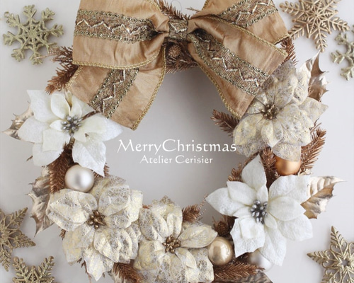 早割】☆クリスマスリース ポインセチア＜ホワイト＆ゴールド