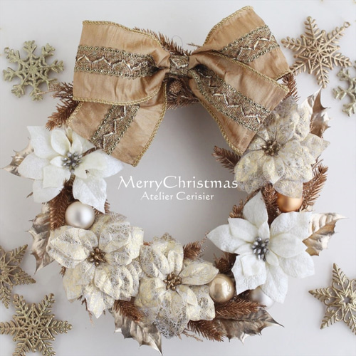 早割】☆クリスマスリース ポインセチア＜ホワイト＆ゴールド