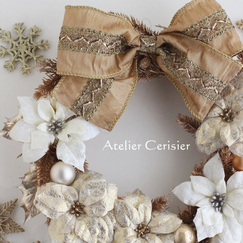 早割】☆クリスマスリース ポインセチア＜ホワイト＆ゴールド
