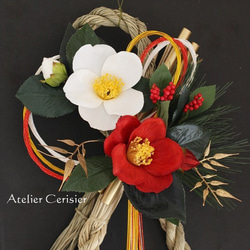 お正月飾り しめ縄＜紅白 高級椿＞アーティフィシャルフラワー 3枚目の画像