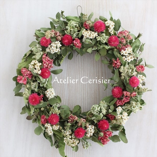ストロベリーフィールズ（千日紅）とデルフィニウムのリース＜ドライ